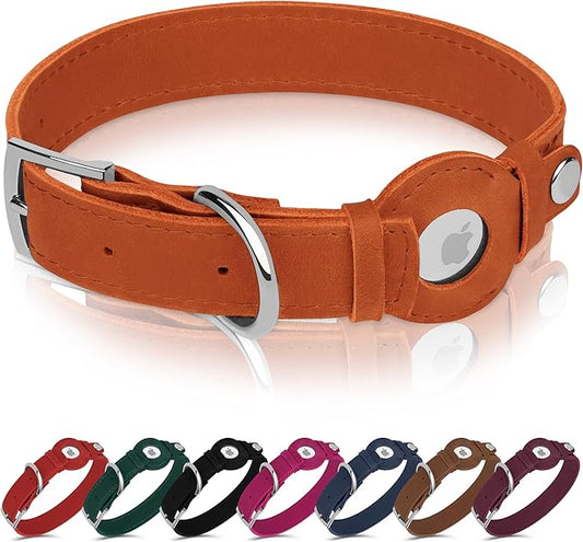 Leather Dog Collar with Airtag Holder - Apple AirTag Dog Collars - Soft Tracking Smart GPS Pet Collar for Small Medium Large Dogs Puppy (Brown, S, 9"-12" Neck Fit)