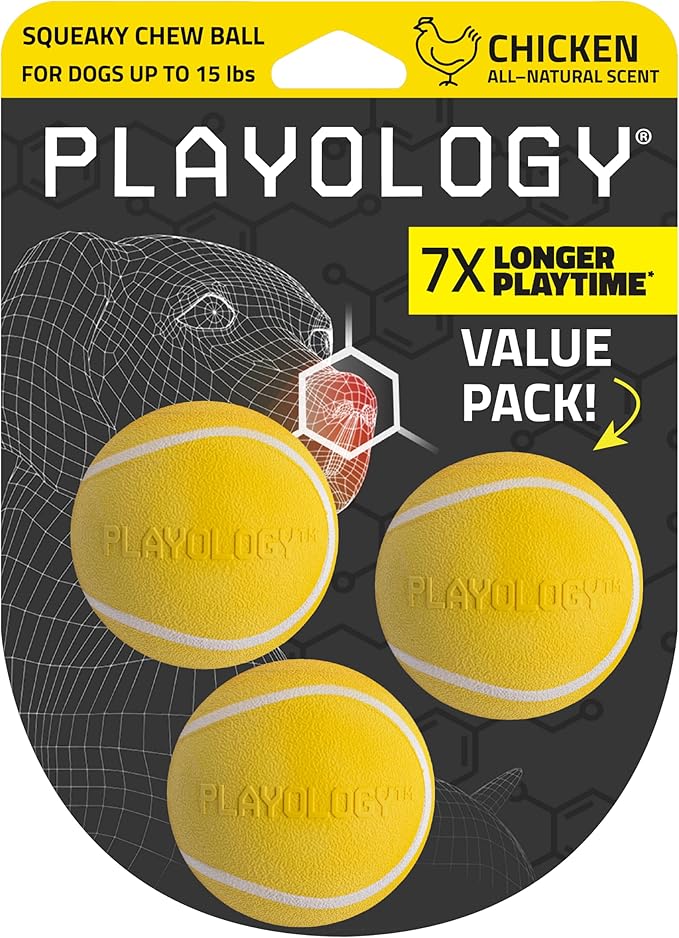 Playology Squeaky Dog Toy | Durable Rubber Interactive Dog Ball | Chicken Scented Fetch Ball for Small Dogs, Value 3-Pack | Floating Dog Toy Made from Non Toxic Materials