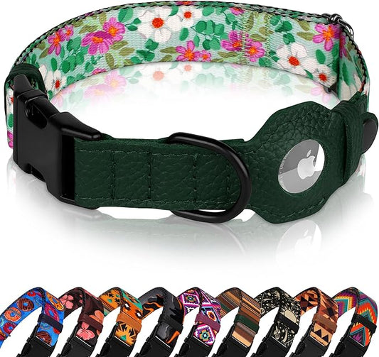 AirTag Dog Collar with Metal Buckle - Soft Leather Printed Nylon Dog Collar with Apple AirTag Holder - Cute Tracking GPS Pet Collars for Girl Boy Small Large Dogs (S, 12"-15" Neck Fit, Floral)
