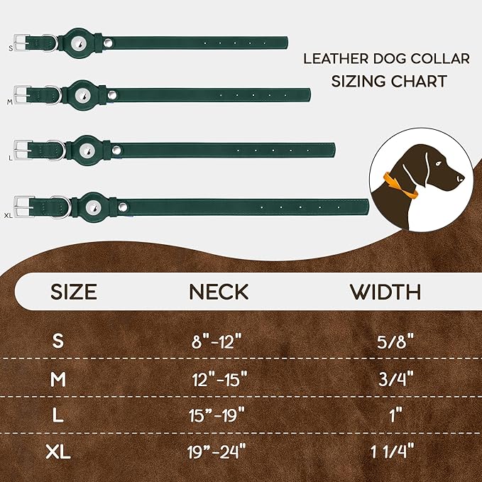 Leather Dog Collar with Airtag Holder - Apple AirTag Dog Collars - Soft Tracking Smart GPS Pet Collar for Small Medium Large Dogs Puppy (Green, L, 15"-19" Neck Fit)