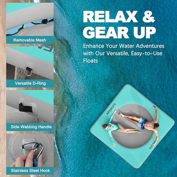 Inflatable Dock Floating Platform with Mesh, Heavy Duty Water Hammock Floats Floating Ring, Tanning Pool Hammock Inflatable Raft Mat Lake Floats for Adults Ocean