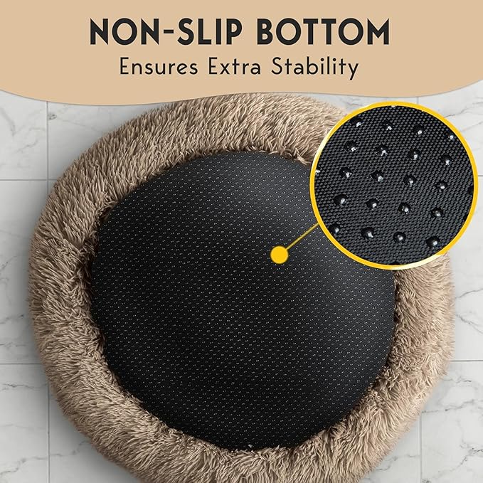 PetJett Calming Large Dog Bed - 36'' Donut Dog Beds, Anti-Slip & Washable Large Round Bed, Fluffy Faux Fur Pet Bed, Super Soft Anti-Anxiety Premium Comfort Bed, Fits Dogs up to 100 lbs - Beige