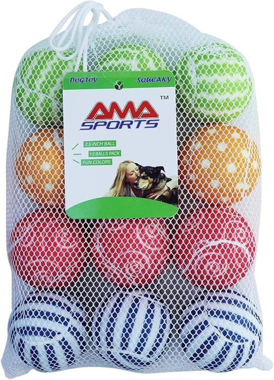 AMA SPORT Squeaky Tennis Balls for Dogs 12 Pack 2.5" Squeaky Tennis Balls for New Puppy Small Medium Dog Toys for Fetch, Exercise, Outdoor Play