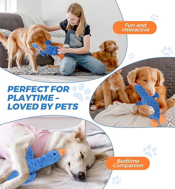 Squeaky Plush Dog Toy for All Breeds, Multifunctional Goose Dog Toy with Honking Sound, Crinkle Paper, Treat Pocket, Durable Soft Stuffed Animal for Chewing, Cuddling, Interactive Play (Blue)
