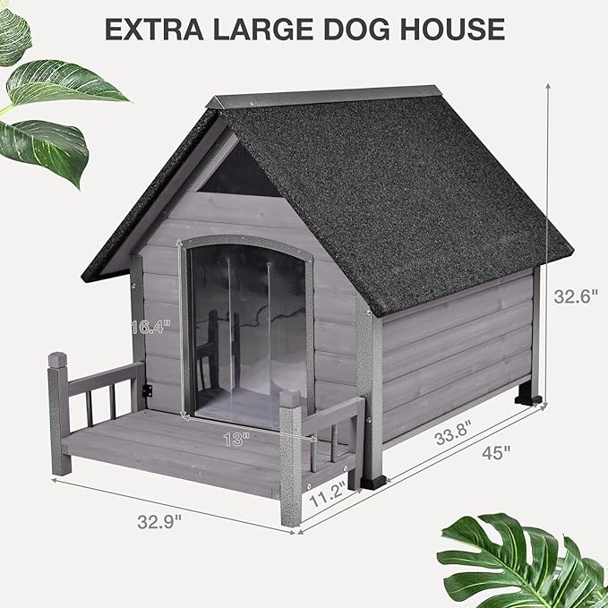 Large Dog House Outdoor Indoor All-Around Iron Frame Design Dog House with Porch&Raised Feet for Small Medium Large Dogs(Grey)