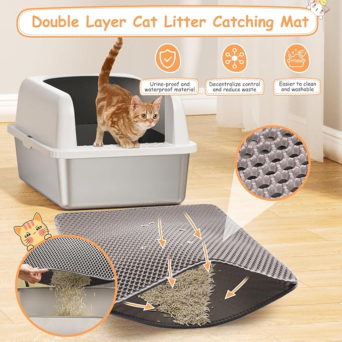 Stainless Steel Litter Box with Lid, Metal Litter Box with Cat Litter Mat,Extra Large Enclosed Cat Litter Boxes for Multiple Cats, Anti-Leakage,Non-Stick, Easy to Clean, Included Mat, Scoop