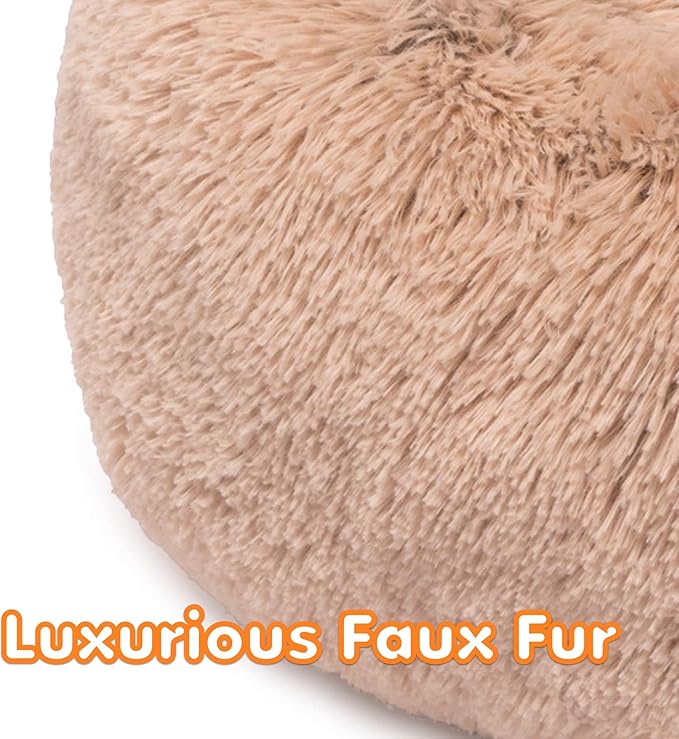 Friends Forever Donut Dog Bed Faux Fur Fluffy Calming Sofa For Small Dogs, Soft & Plush Anti Anxiety Pet Couch For Dogs, Machine Washable Coco Pet Bed with Non-Slip Bottom, 23"x23"x6" Tan