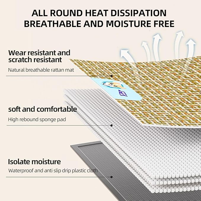 Dog Cooling Mat 36"x28", Waterproof Summer Dog Bed Mat for Big and Large Pets, Pet Cooling Mat for Crate Kennel, Natural Rattan Straw Pad, Anti-Slip Cool Mattress for Indoor and Outdoor Use (X-Large)