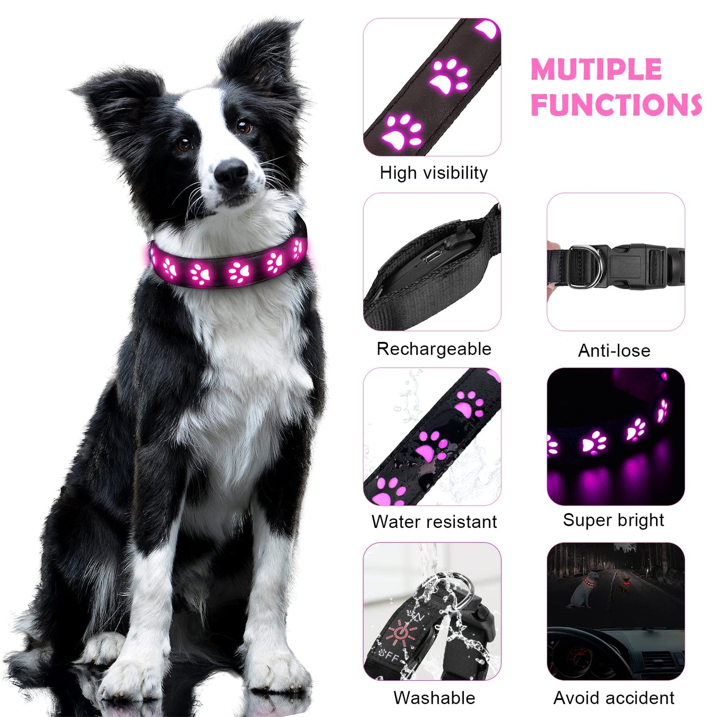 AUAUY Light Up Dog Collar, LED Dog Collar Light USB Rechargeable, Waterproof Flashing PVC Leather Adjustable Glowing Super Bright Dog Light Up Collar for The Dark for Small Medium Large Dogs (Pink-S)