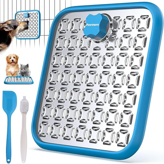 Stainless Steel Large Lick Mat: Dog Lick Mats for Large Dogs, Cat Licking Pads for Crate Boredom & Anxiety Reduce, Slow Feeding, Cat Slow Feeder Mat with a Spatula, Scrubbing Brush, Blue