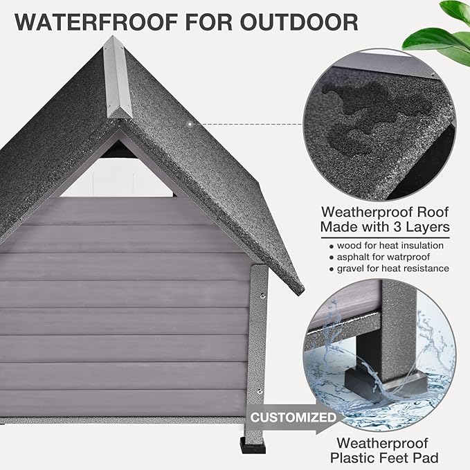 Large Dog House Outdoor Indoor All-Around Iron Frame Design Dog House with Porch&Raised Feet for Small Medium Large Dogs(Grey)