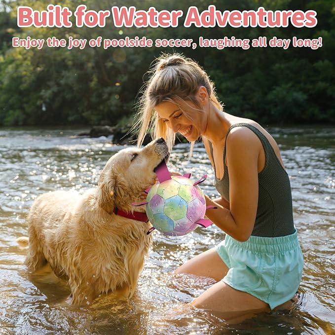 QDAN Premium Dog Toys Soccer Ball with Straps, Puppy Balls for Small Medium Dogs, Dog Water Toys Pool Toys, Puppy Dogs Pet Birthday Gifts, Rainbow(6 Inch)