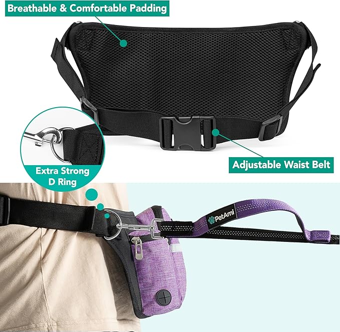 PetAmi Premium Hands Free Dog Leash for 2 Dogs, Adjustable Waist Belt Leash for Dog Walking, Fanny Pack Accessories Bag Dual Bungee Leash for Running, Hiking, Jogging, Biking, Purple