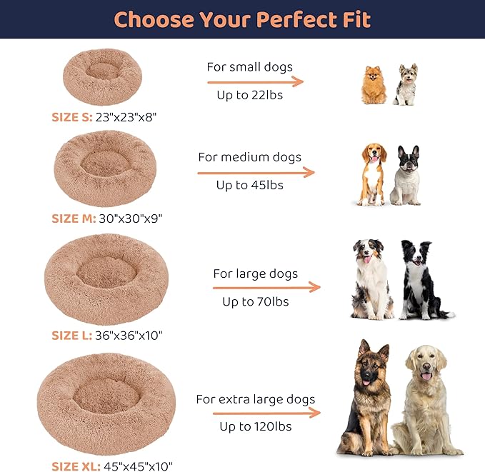 Donut Dog Bed - Premium Comfort for Anxiety Relief - Fluffy & Calming Design with Ultra-Plush Support | Cozy Round Dog Bed with Super Soft Circle Style (Size L Camel)