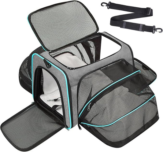 Expandable Cat & Dog Carrier, Large Expandable Collapsible Travel Bag with Safety Zippers, 3 Open Doors, Removable Fleece Pad for Puppies & Small Animals, Airline Approved