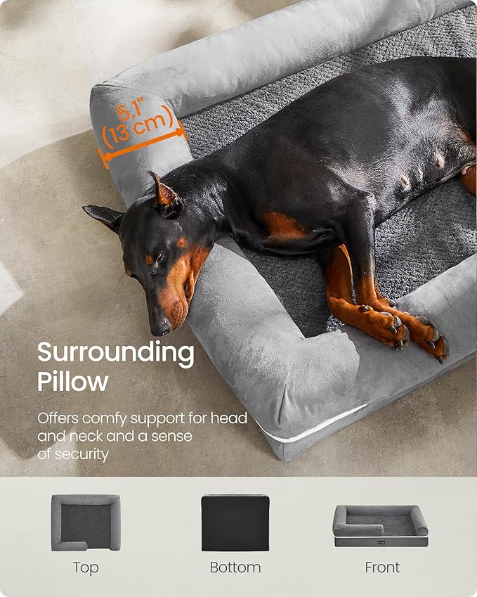 Feandrea Orthopedic Dog Bed, Large Dog Bed Waterproof, Removable Washable Cover Sofa with Non-Slip Bottom, Raised Edges, 48 x 33 x 8 Inches, Light Gray UPGW078G02V1
