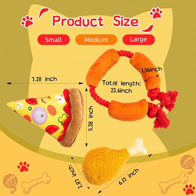 Squeaky Toys for Dogs – Fun Interactive Food-Themed Set,Pizza,Drumstick,and Sausage Rope,Durable Tug Toy and Chew Toy,Ideal for Small & Medium Dogs and Strong Chewer