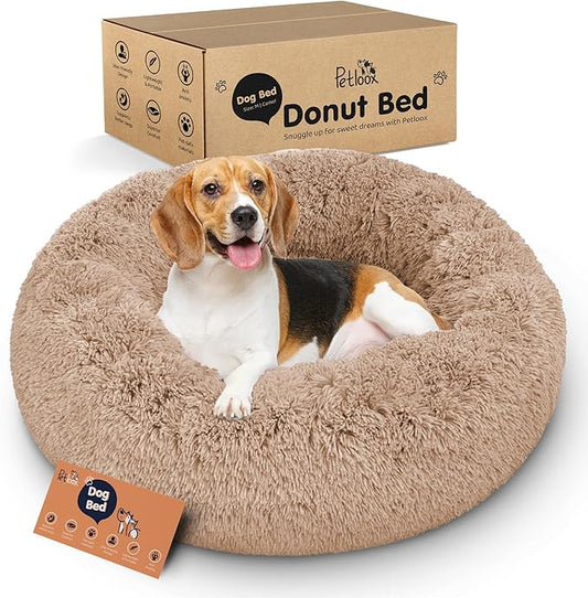 Donut Dog Bed - Premium Comfort for Anxiety Relief - Fluffy & Calming Design with Ultra-Plush Support | Cozy Round Dog Bed with Super Soft Circle Style (Size M Camel)