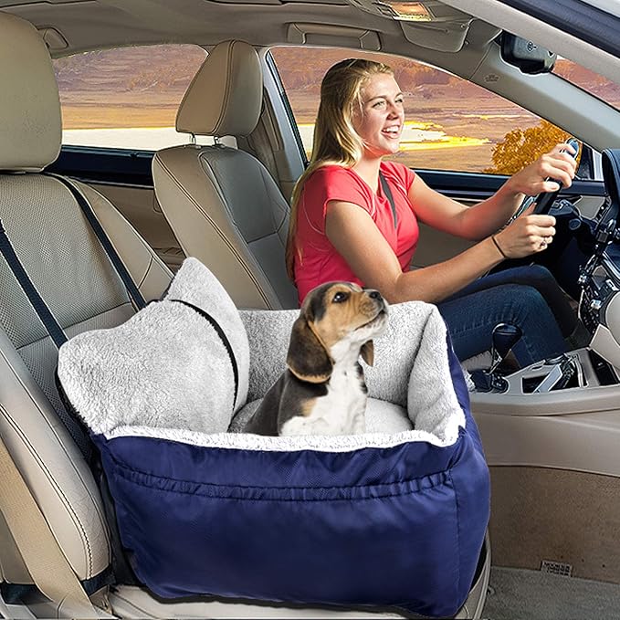 BurgeonNest Dog Car Seat for Small Dogs, Fully Detachable and Washable Cat Carseats Under 25 lbs, Soft Pet Booster Seats with Storage Pockets and Clip-On Leash Portable Car Travel Carrier Bed, Blue