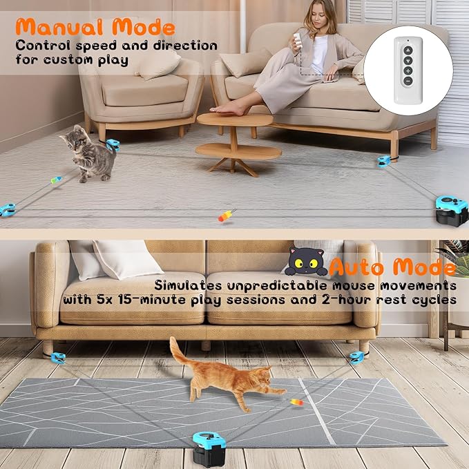 Interactive Cat Toy for Indoor - Automatic Cat Treadmill with Remote Control, 3 Speeds, Quiet Motor & Durable Design | Indoor Chase Hunting Feather Toys for Fitness, Playtime & Energy Release (Blue)