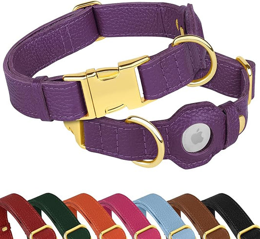 Leather Airtag Dog Collar - Soft Tracking Dog Collar with Apple AirTag Holder and Metal Buckle - Safety GPS Pet Collars for Small Medium Large Dogs Puppy Pink Red (Purple, S, 12"-15" Neck Fit)