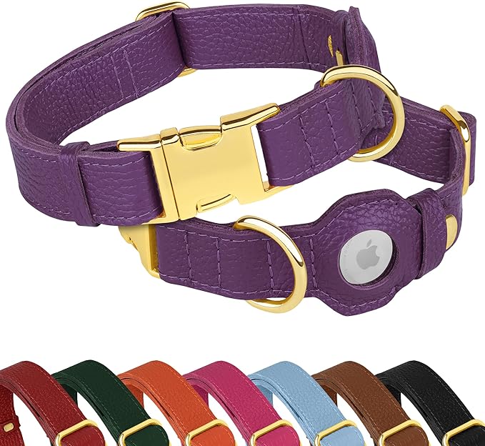 Leather Airtag Dog Collar - Soft Tracking Dog Collar with Apple AirTag Holder and Metal Buckle - Safety GPS Pet Collars for Small Medium Large Dogs Puppy Pink Red (Purple, XS, 9"-12" Neck Fit)