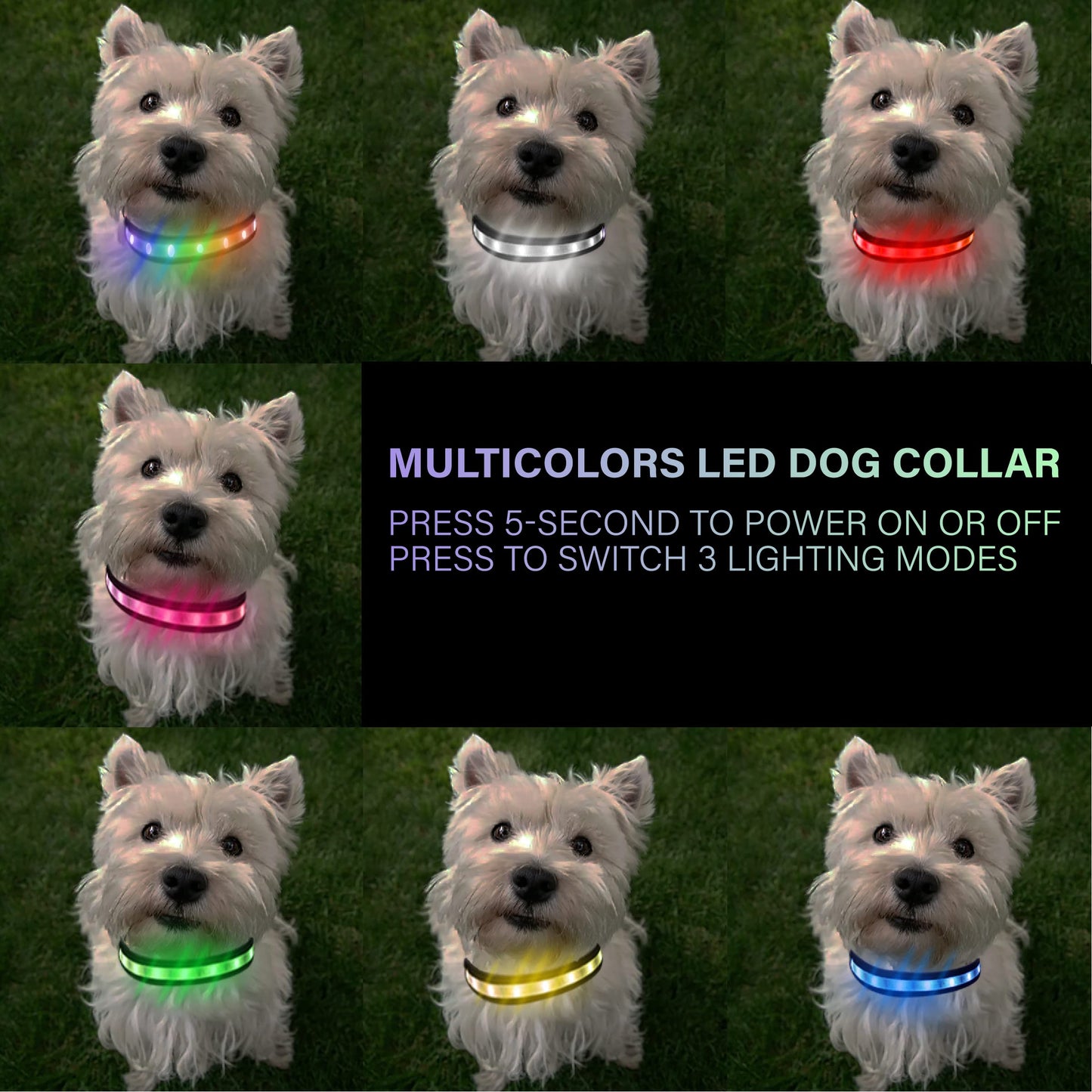 LED Dog Collar, Multicolor Light Up Dog Collar, USB Rechargeable & High-Visibility Glow in The Dark Dog Collars for Night Walks, IPX7 Waterproof, Large
