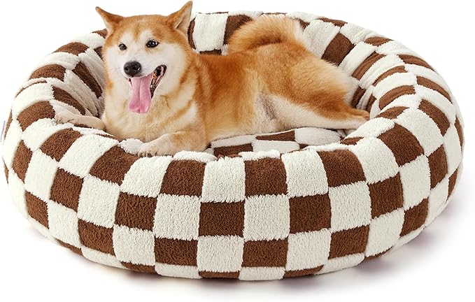 LE SURE Donut Large Dog Bed - Round Cat Beds for Indoor Anti-Anxiety Calming Pet Beds, Washable Cute Modern Beds with Teddy Sherpa Plush & Anti Slip Bottom, 36 Inch, Brown