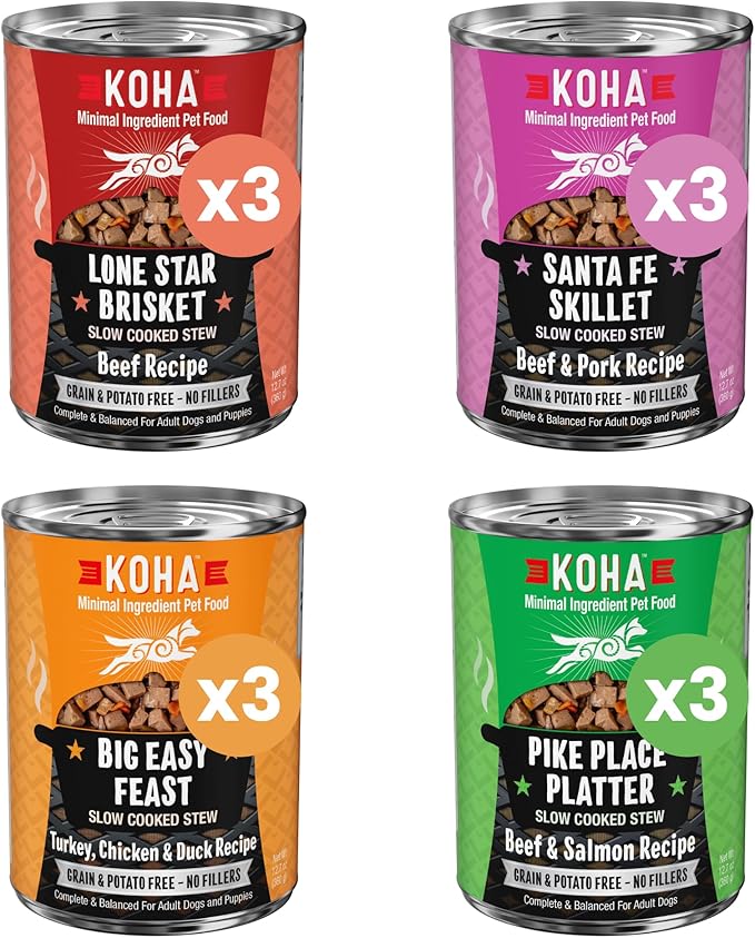 KOHA Slow Cooked Stews Variety Pack - Chicken, Beef, Pork, and Salmon Recipes for Dogs, High Protein Wet Dog Food, 12.7oz Cans (Case of 12)