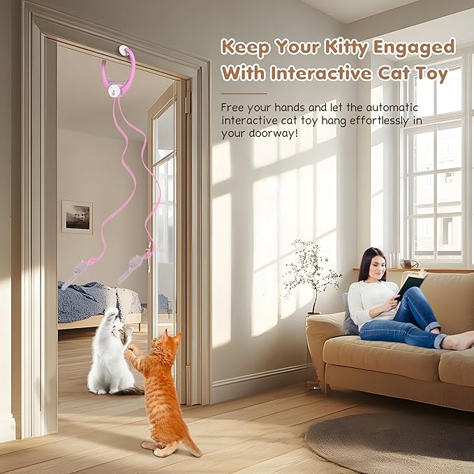 Interactive Cat Toys Rechargeable, Feather Toy for Indoor Cat, Hanging Retractable Teaser Toy, Automatic Kitten Play Chase Exercise Toys with Three Plush Mouse, USB Powered (Pink)