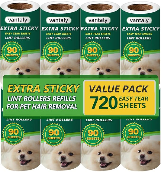 Extra Sticky Lint Roller Refills, 8 Pack with 720 Sheets Total, Pet Hair Remover for Clothes, Car, Furniture (720 Refills)