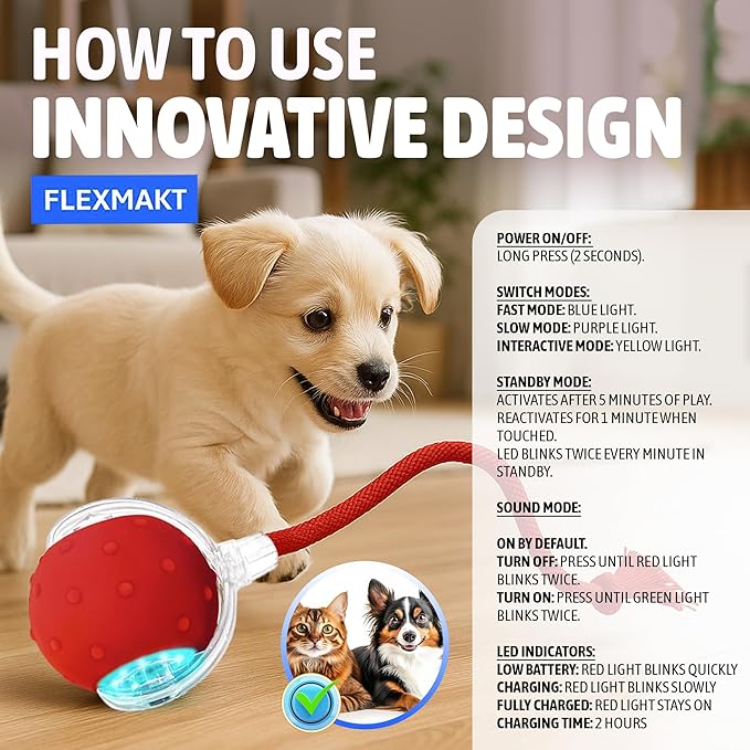 2025 New Interactive Pet Toy Ball for Indoor Cats & Small Dogs – Motion-Activated Automatic Rolling Ball with Chirping Sounds, Elastic Tail, Smart Rechargeable Toy to Keep Pets Active.