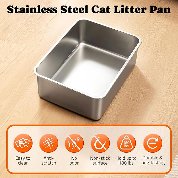 Pawtners Stainless Steel Cat Litter Box, XL Extra Large Kitty Litter Pan, Front Entry Top Exit Enclosed Metal Cat Toilet for Odor Control with Removable Lid & Scoop & Mat, Anti-Leakage, Easy to Clean