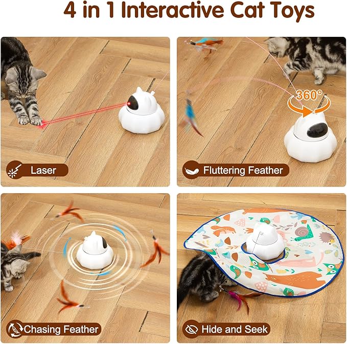 VIWIK 4 in 1 Cat Laser Toy Automatic, Interactive Cat Toys for Indoor Cats, Hide and Seek Kitten Wand Toy, USB Rechargeable Electronic Toys with Moving Feather, Cover for Bored Cats All Breeds