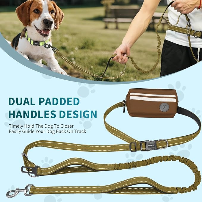 Hands Free Dog Leash with Removable Zipper Pouch, Dual Padded Handles and Durable Bungee for Walking, Jogging and Running-Brown