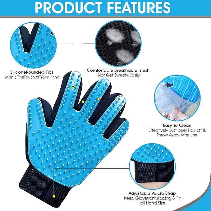 Upgrade Pet Grooming Gloves, Grooming Gloves for Dogs, Cats, Rabbits & Horses with Long and Short Hair, Efficient Pets Hair Remover Mittens - 1 Pair (Sky Blue)