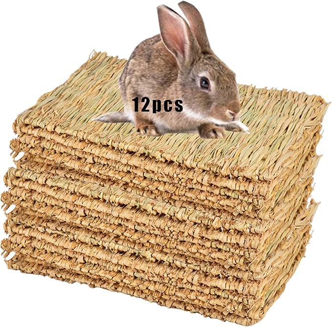 Grass Mat for Rabbit Bunny Chew Toys Woven Bed Mat for Guinea Pig Chinchilla Squirrel Hamster Cat Dog and Small Animal (12PCS Grass mat)