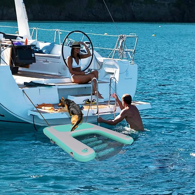 Inflatable Plank Dog Float Ramp,Up to 180lbs Dog Water Ramp Ladder with Non-Slip Dock Platform for Swimming Pool,Boat,Lake