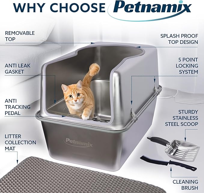 XXL Stainless Steel Litter Box with Lid 30L Capacity 16" Inch High Sides, Leak Proof Anti Tracking Pedal Non Stick Easy Clean Splash Proof Removable Top for Large and Multi Cats Includes Scoop & Mat