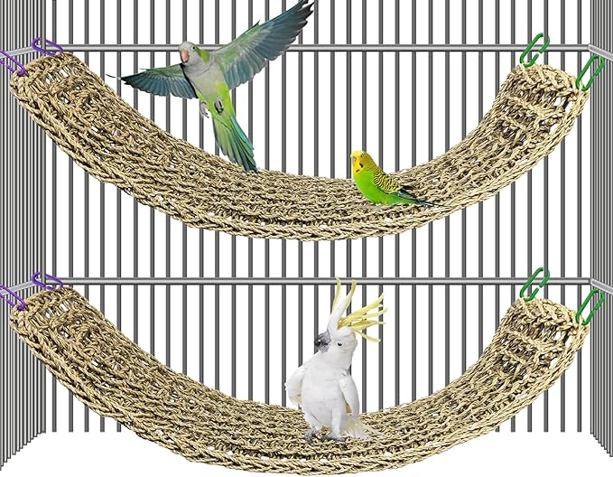 2Pcs Bird Seagrass Mat 30 × 7" Natural Grass Woven Net Hammock with Hooks Climbing Rope Ladder Chew Toys Hanging on Parrot Cage for Lovebird Pigeon Cockatiel Conure Budgie Cockatoo