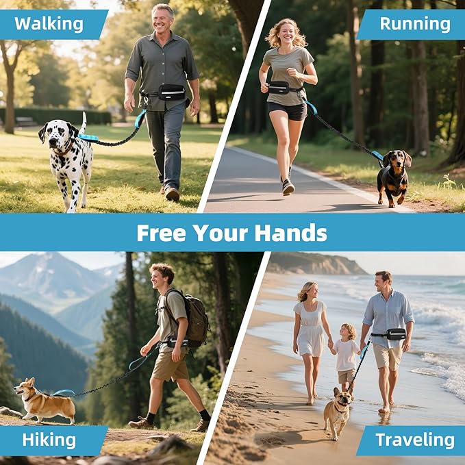 Hands Free Dog Leash, Shock Absorbing Waist Leash for Dog Walking, Jogging, Hiking, Adjustable Waist Belt with Fanny Pack & Handle, Reflective Pet Running Belt for Small, Medium, Large Dogs
