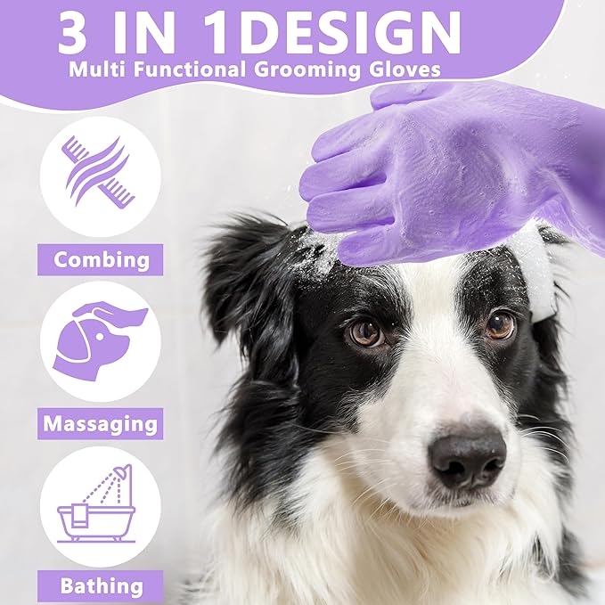 Pet Grooming Gloves—Heat Resistant Dog Washing Gloves with High-Density Teeth, Dog Bath Scrubber with Enhanced Five Finger Design, Silicone Gloves for Dogs and Cats Bathing, Massage (Purple)