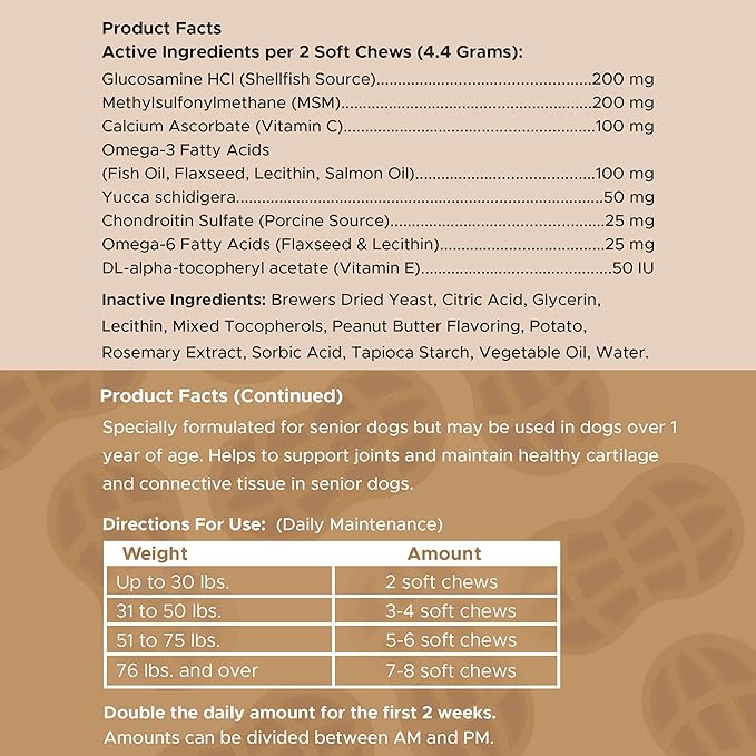 Glucosamine for Dogs Hip and Joint Supplement - 120 Soft Chews for Senior Dogs with Glucosamine, Chondroitin, MSM, and Omegas - for Mobility, Cartilage, and Joint Health - Peanut Butter Flavor