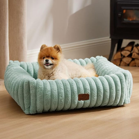 Bedsure Washable Dog Bed for Medium Dogs - Cute Furry Puppy Beds, Rectangle Orthopedic Corduroy Fleece Pet Beds with Removable Zipper Cover, 25x21x7inches, Green