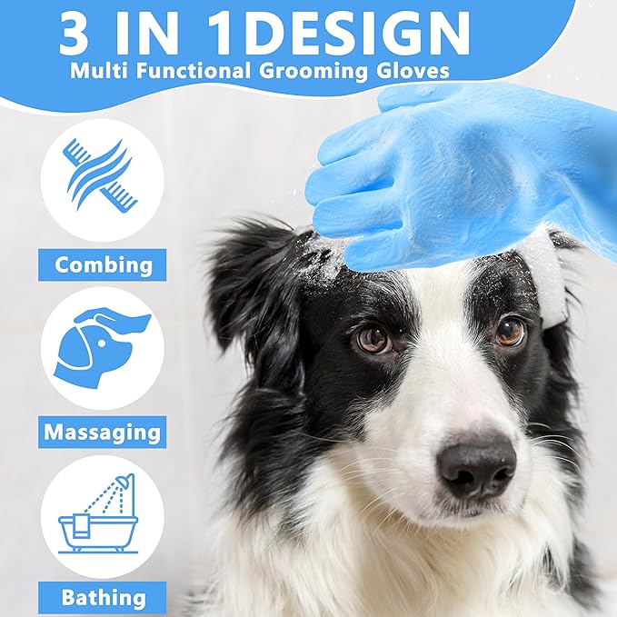 Pet Grooming Gloves—Heat Resistant Dog Washing Gloves with High-Density Teeth, Dog Bath Scrubber with Enhanced Five Finger Design, Silicone Gloves for Dogs and Cats Bathing, Massage (Blue)