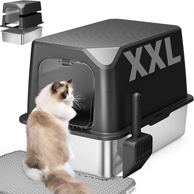 Stainless Steel Cat Litter Box with Lid, Extra Large, Great for Large & Small Cats, Easy to Clean, Anti-Leakage, Non-Sticky, Multifunctional 2 in-1 Metal Cat Litter Box - Black