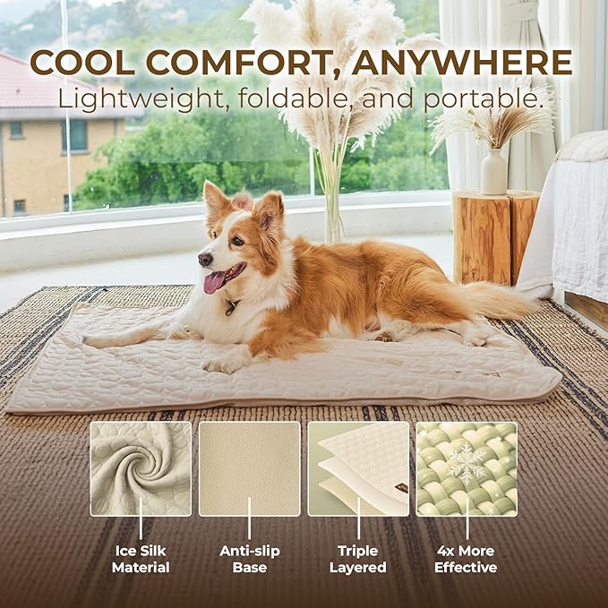 Pelsbarn Dog Cooling Mat- Ice Silk Summer Comfort, Self Cooling, Non-Slip Dog Pad, Durable & Washable, Mat for Medium Dogs 50x65 cm, Support Shelter Dogs with Every Purchase (Beige)