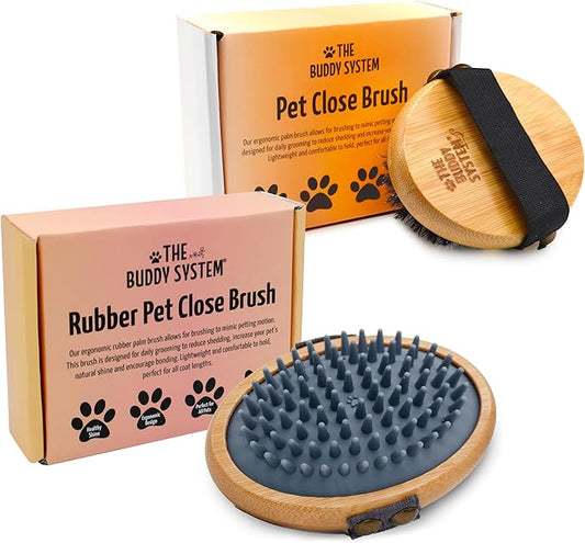 The Buddy System Pet Close Brush, Soft Touch Oval Palm Brush - Bamboo Massage Handheld with Soft Boar Bristles and Elastic Band for Dogs and Cats (2-pack, 1 Brush + 1 Rubber)