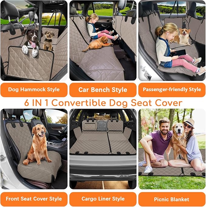 URPOWER 6-in-1 Dog Car Seat Cover for Back Seat, Waterproof Dog Car Hammock with Mesh Window, Non-Slip Pet Backseat Protector for Cars, Trucks and SUVs