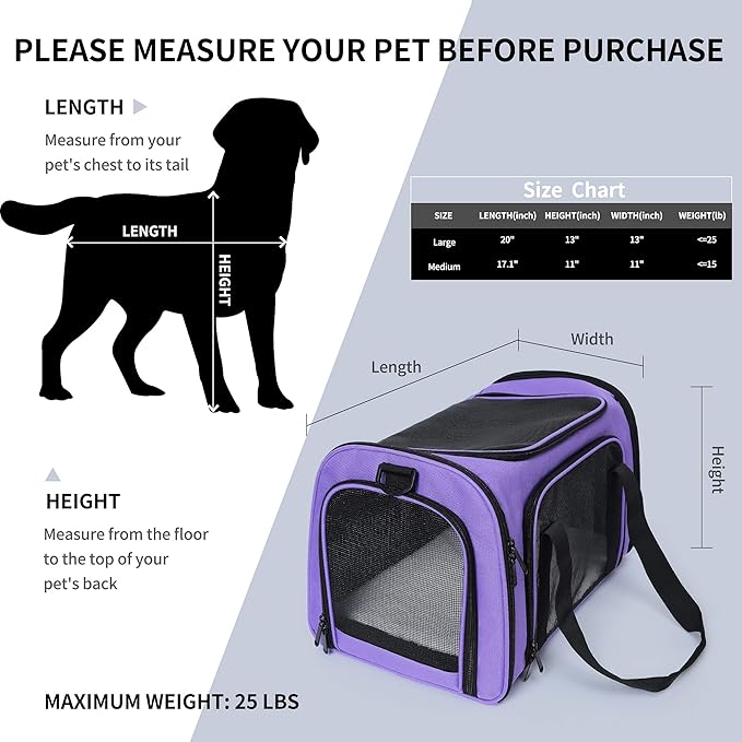 Mile High Life | Outdoor Travel Pet Carrier | Kitty Puppy Cat Carriers | Collapsible Dog Carrier for Small Medium Dogs | Cat Crates w Breathable Mesh with Soft-Sided (Purple, Large)